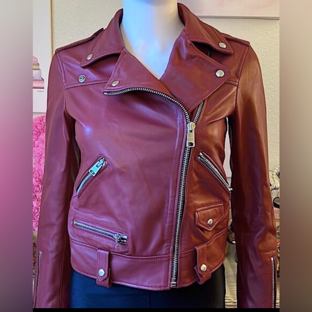 All Saints Estae Biker Sheepskin Leather Jacket Moto Style in Burgundy Size 00